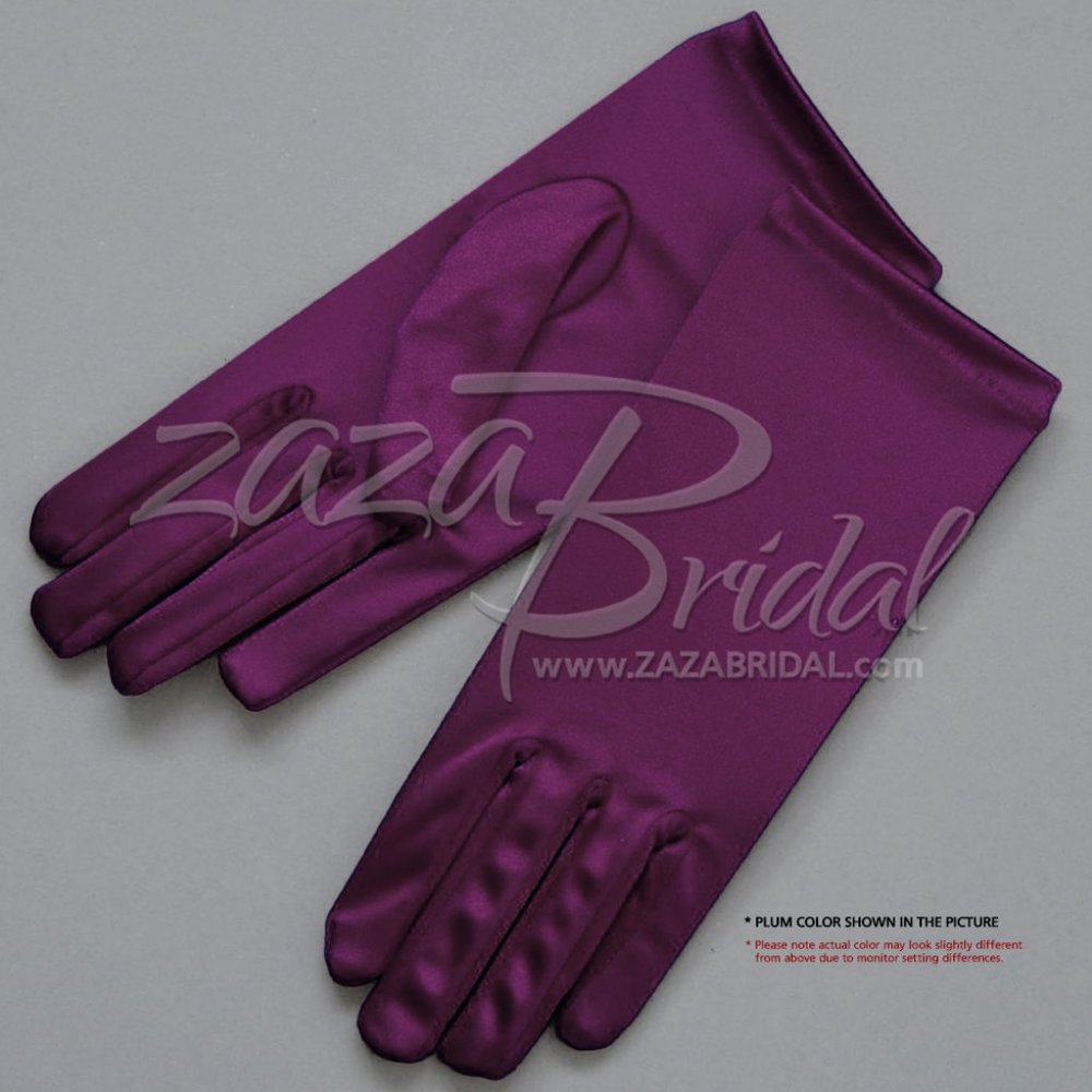 Shiny Stretch Satin Dress Gloves Wrist Length 2BL - Plum